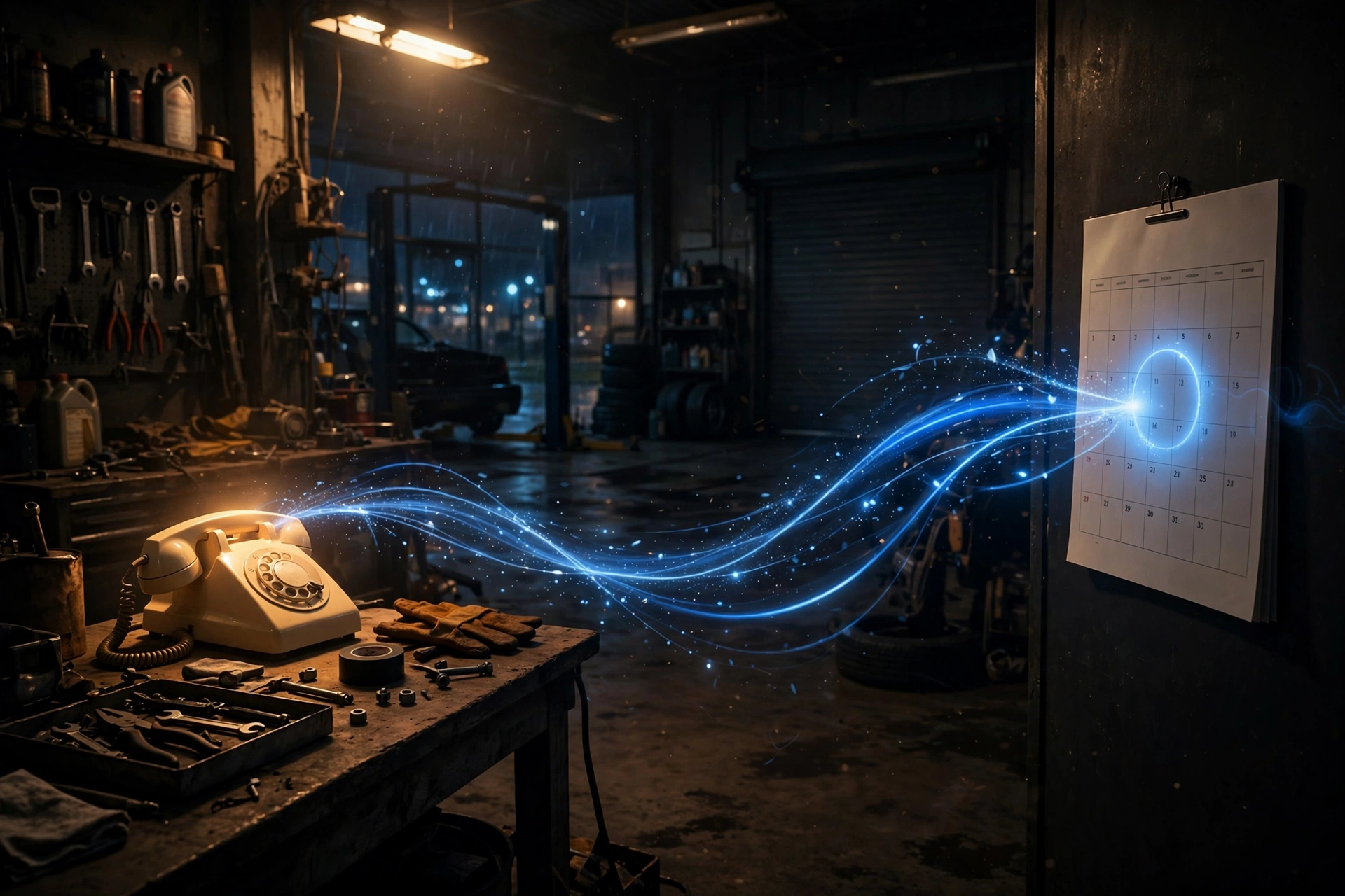 A phone ringing in an empty shop at night, answered by Solva AI