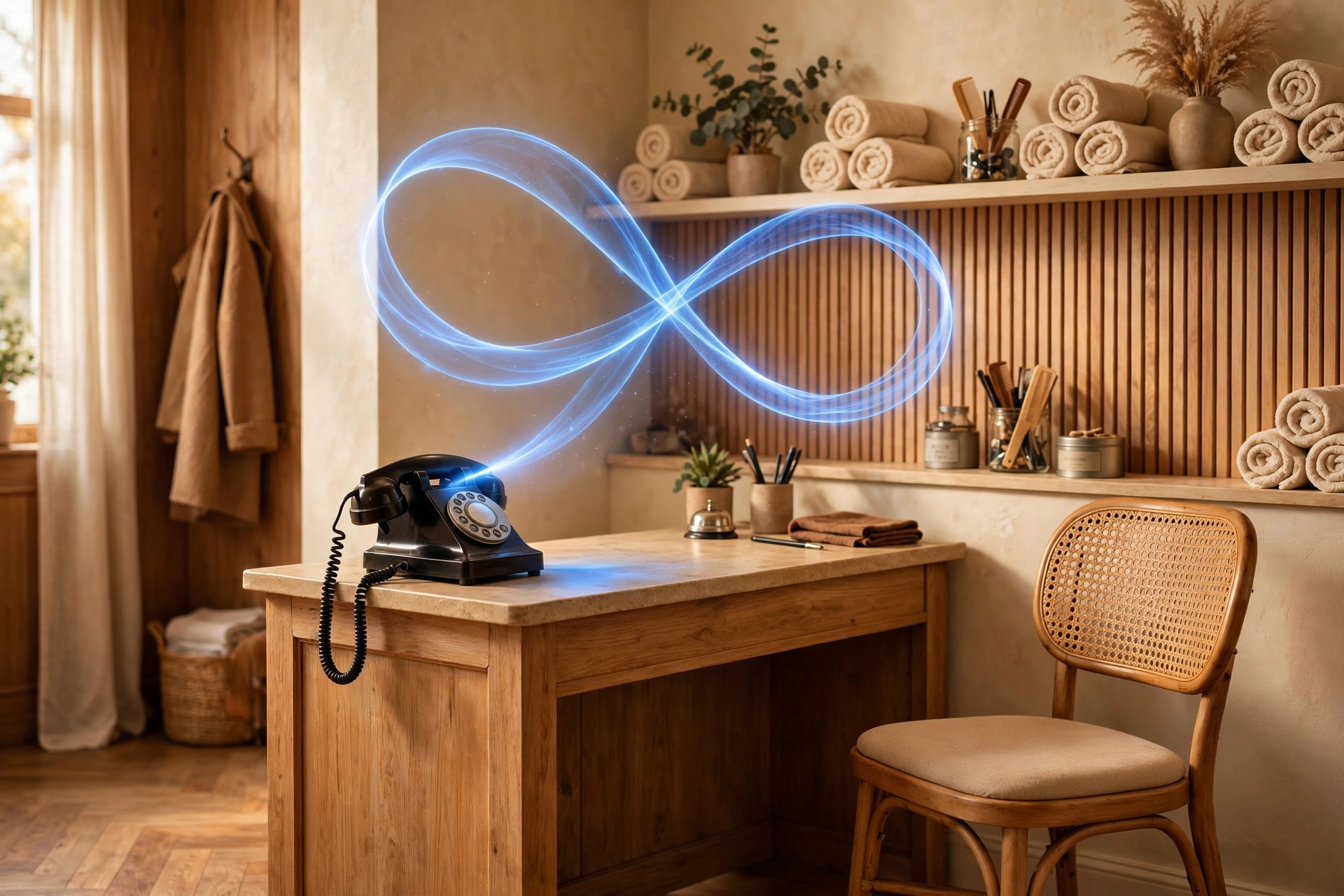 An empty reception desk with a ribbon of blue light — Solva AI is always present