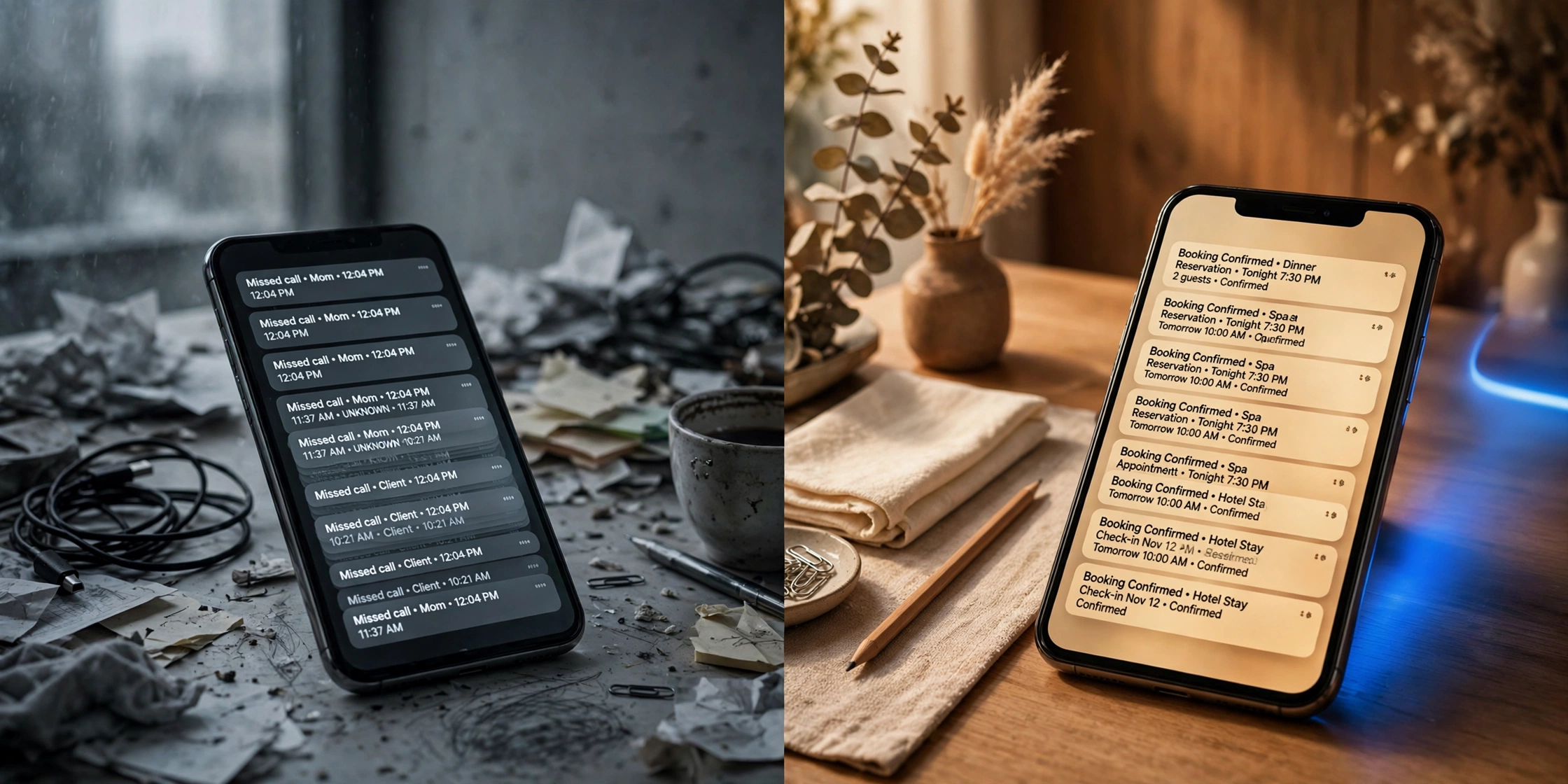 A phone piled with missed calls versus one filling with booking confirmations