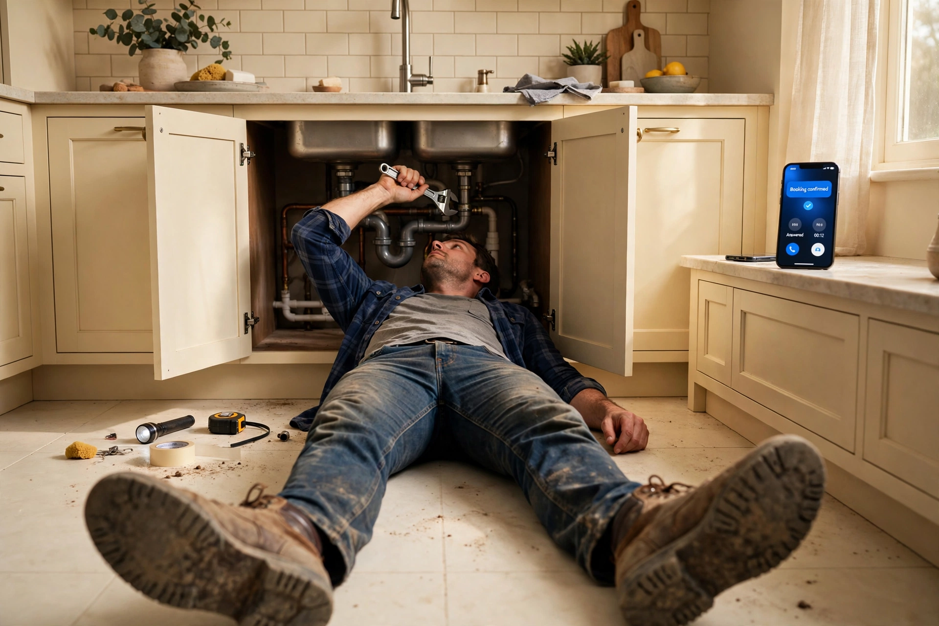 A plumber under a sink while Solva AI answers his ringing phone and confirms a booking